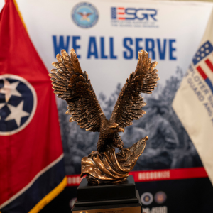 A photo of the eagle shaped award in front of a backdrop and flags.