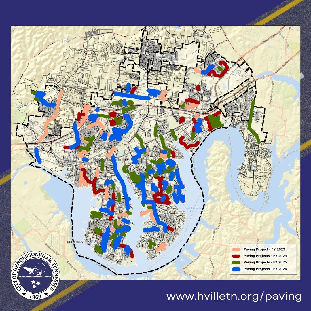 The map is highlighted with paving projects from FY 2023 through FY 2026