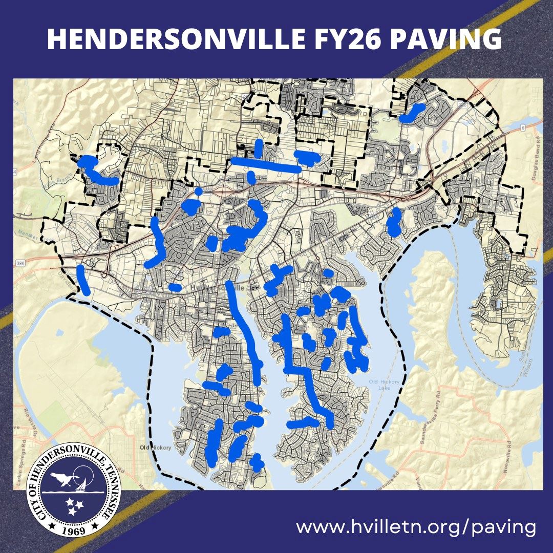 The map is highlighted with paving projects from fiscal year 2026